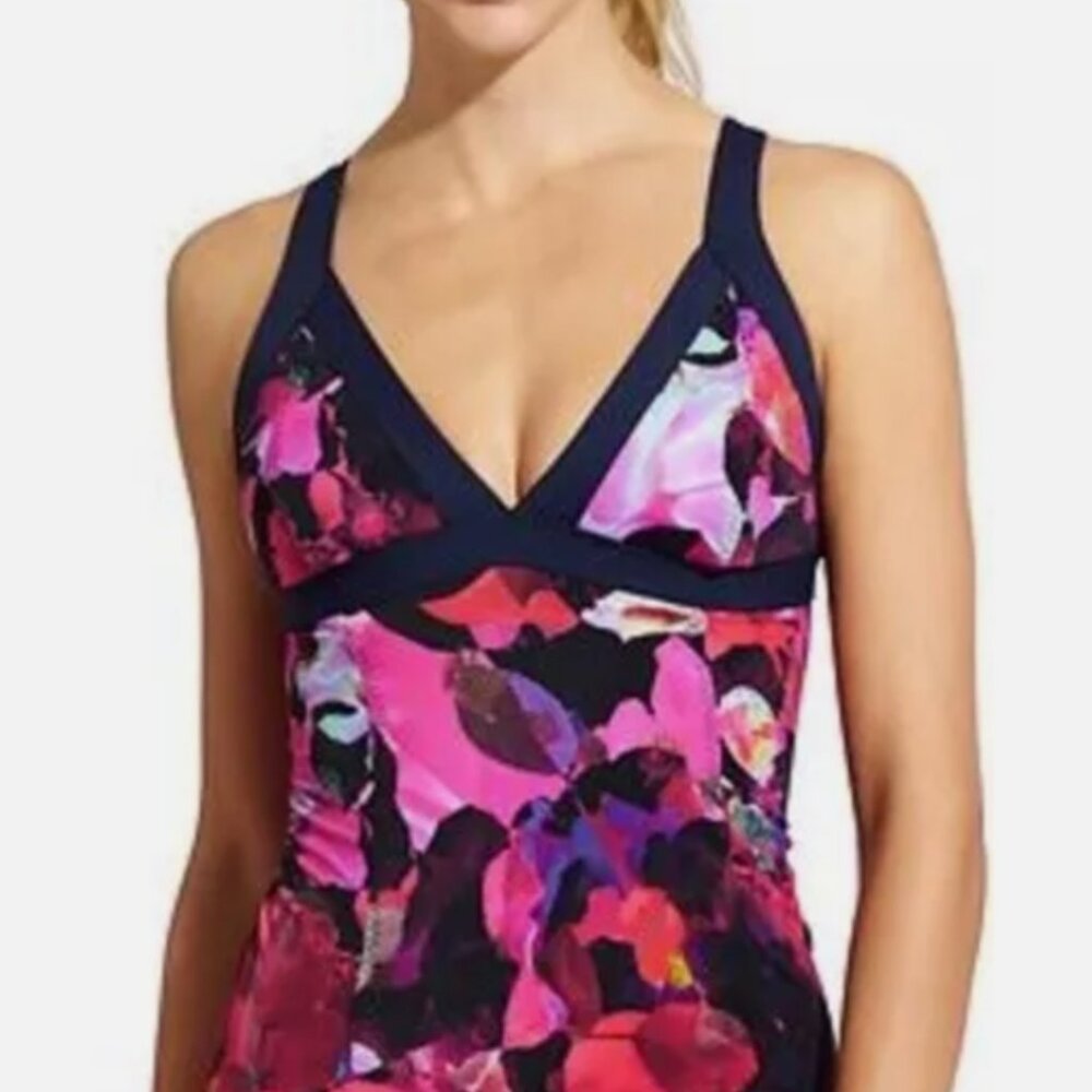 NWT ATHLETIC Mystique Abstract Tankini Swimsuit Top | Reds/Pinks/Black | Small